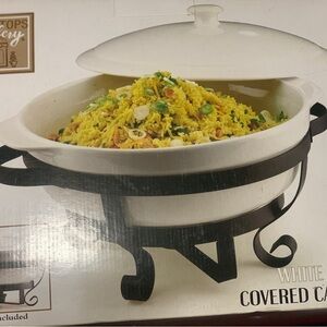 White Covered Casserole Dish with Black Stand